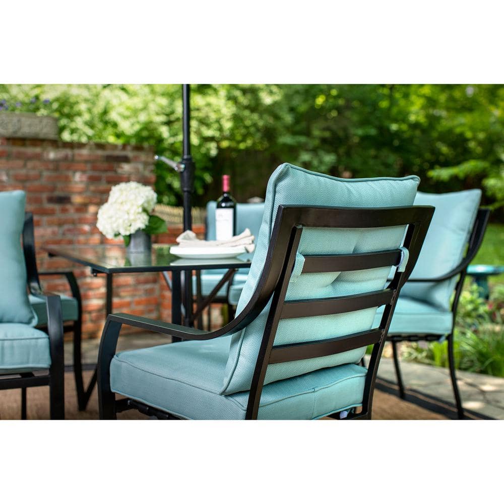 Lavallette 7-Piece Black Steel Outdoor Dining Set with Blue Cushions