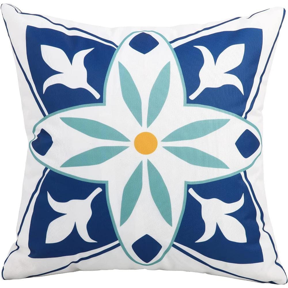 Set of 4 Blue and Yellow Boho Floral Waterproof 18" Square Pillow Covers