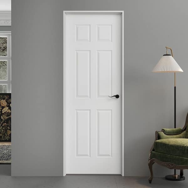 28 in. x 80 in. 6-Panel Left-Handed Painted Solid Core Wood Interior Prehung Door Kit with Quick Assemble Jamb