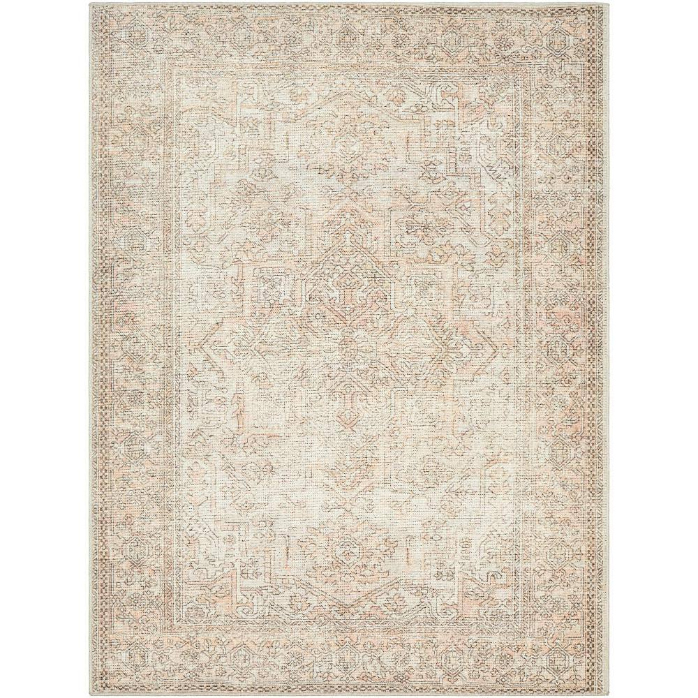 Ivory and Coral Hand-knotted Rectangular Synthetic Rug