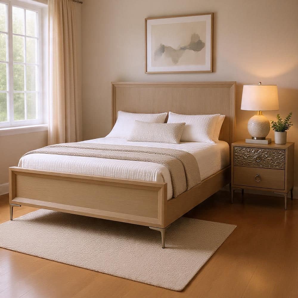 2-Piece Natural Oak Brown, Silver and Champagne Wood Queen Bedroom Set with Nightstand