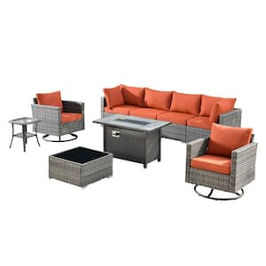 Sanibel Gray 9-Piece Wicker Outdoor Patio Conversation Sofa Sectional Set with a Metal Fire Pit and Orange Red Cushions