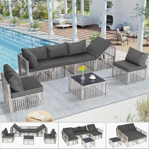 7-Piece Gray Wicker 6-Seat Outdoor Sectional Set with Gray Cushions and Coffee Table