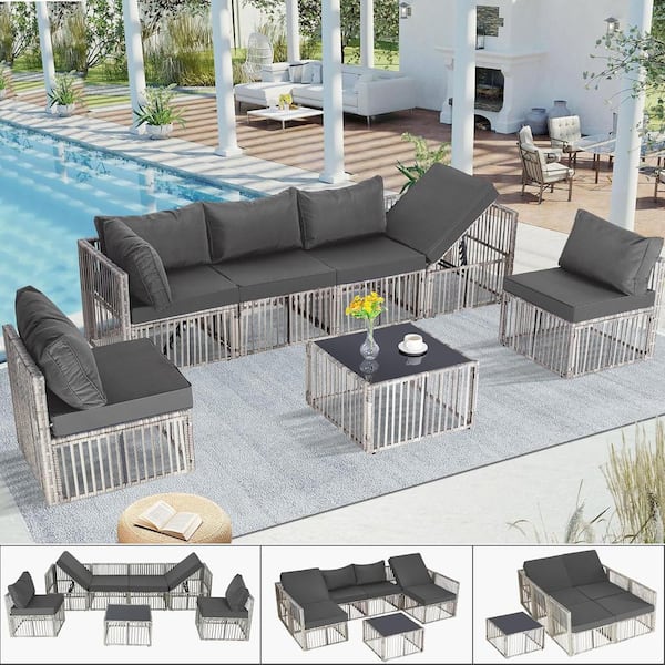 Cesicia 7-Piece Gray Wicker 6-Seat Outdoor Sectional Set with Gray Cushions and Coffee Table