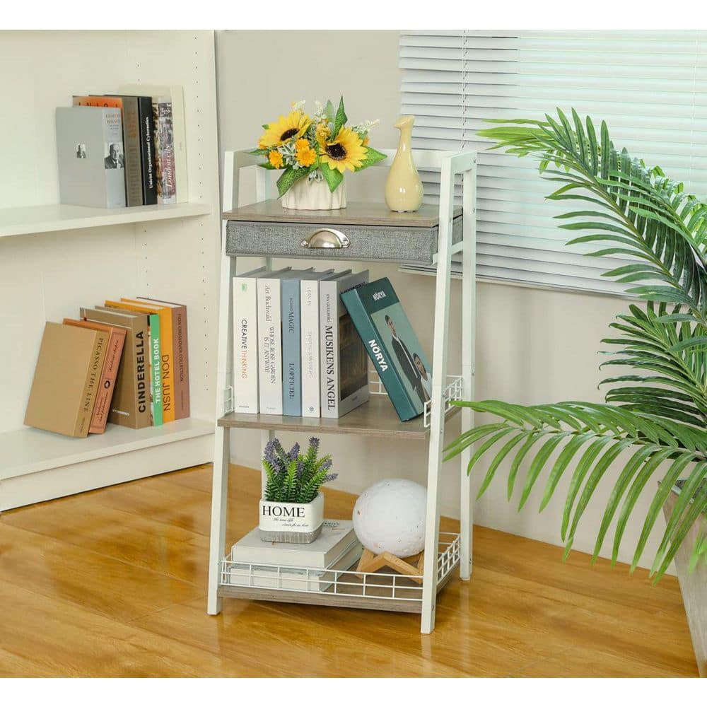 White MDF and Iron 3-Tier Freestanding Bathroom Ladder Shelf with Drawer