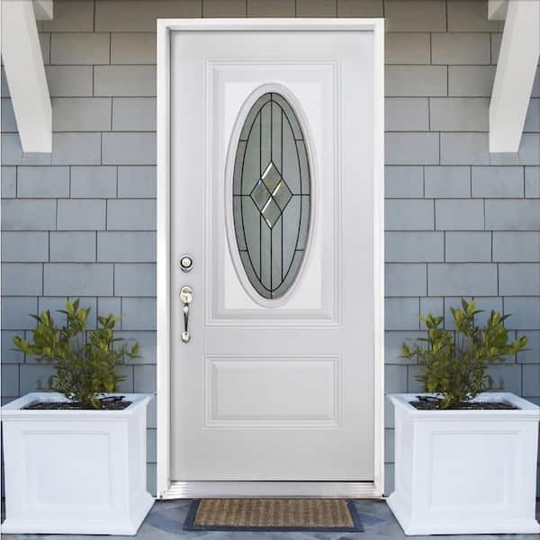 Element 36 in. x 80 in. Right-Hand Inswing 3/4 Oval Quattro Decorative Glass White Primed Steel Front Door Slab