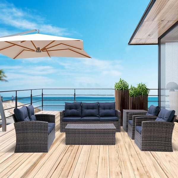 waelph 6-Piece Wicker Patio Conversation Set with Navy Blue Cushion and Storage