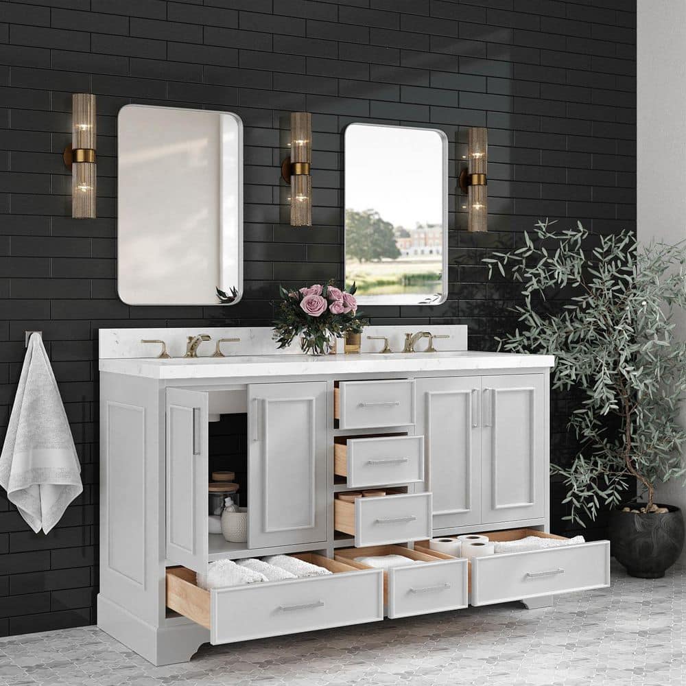 Stafford 60" Gray Double Sink Freestanding Vanity with Carrara Quartz Top