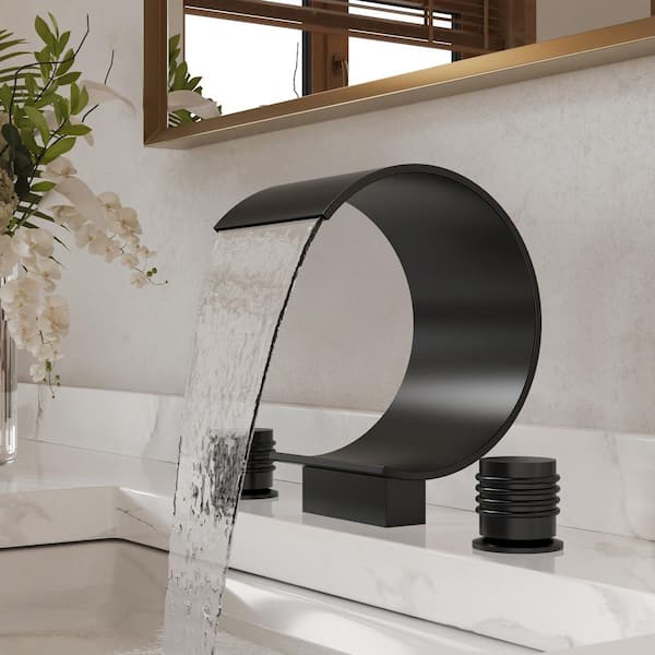 Waterfall 8 in. High Widespread 2-Handle Bathroom Basin Sink Faucet 1.2 GPM in Matte Black with Drain Included