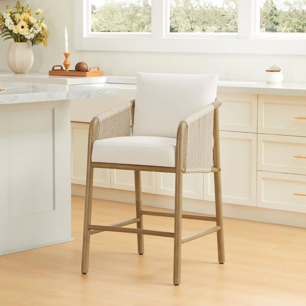 Ivy 27.4 in. Cream Fabric Woven Rope Counter Stool with Solid Wood Frame and Foot Rest for Dining Room (Set of 4) price history on PriceWatchPro
