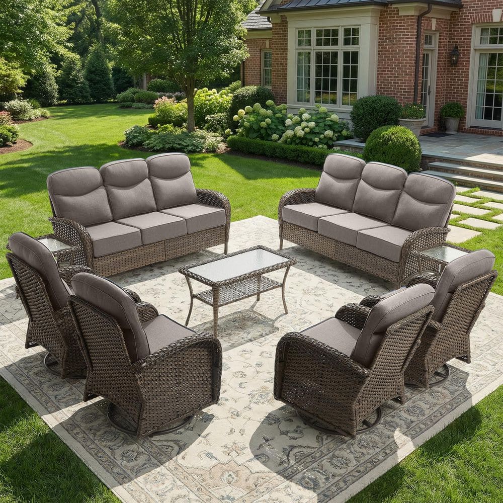Goyal 9-Piece Brown Wicker 5-Seat Outdoor Patio Conversation Set with Gray Cushions, 2 Swivel Chairs and Coffee Table price history on PriceWatchPro