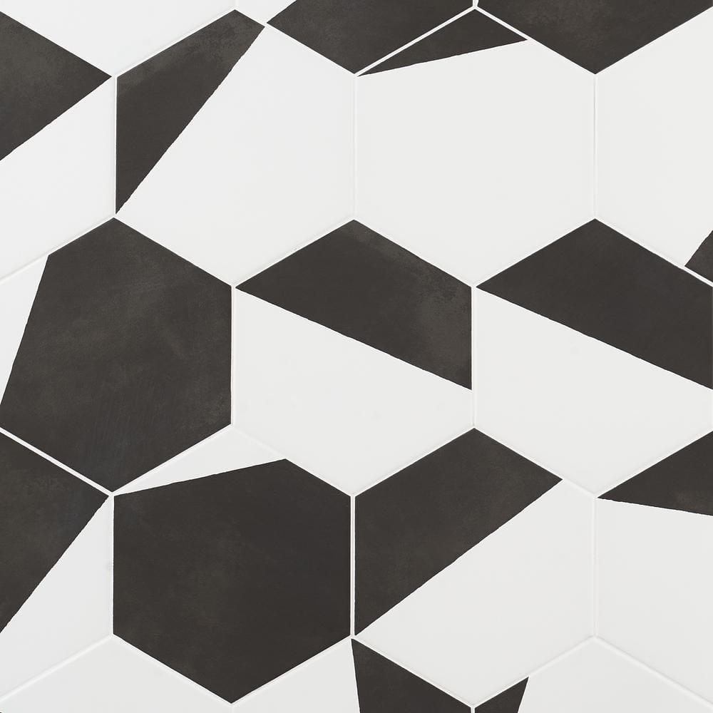GeoHex Burst 8" Hexagon Matte Black and White Porcelain Tile