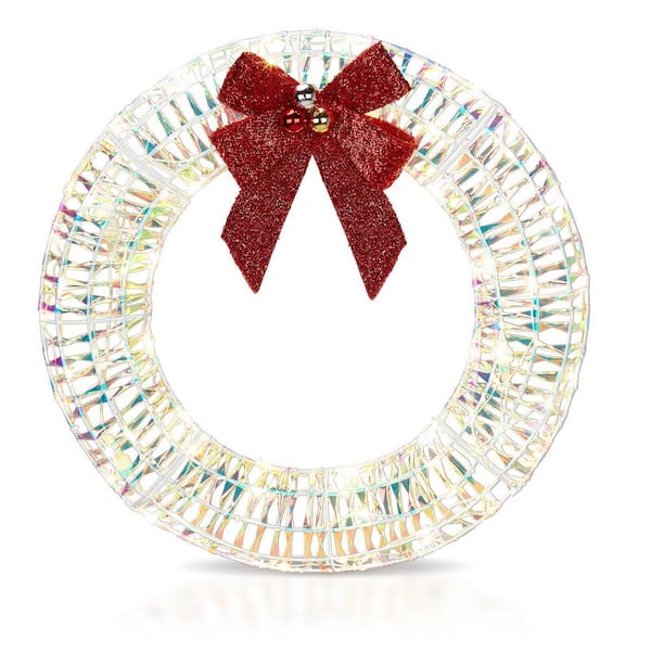 24 in. Pre-lit Iridescent Artificial Christmas Wreath with Red Bow