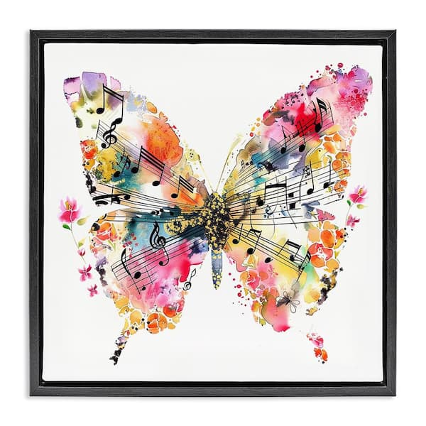 Stupell Industries Butterfly & Music Notes by LSR Design Studio Black Floater Frame Animal Graphic Art Print 25 in. x 25 in.
