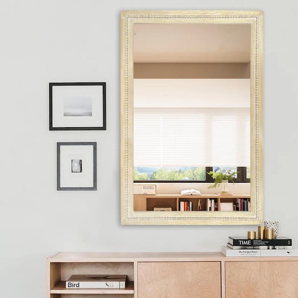 28 in. W x 48 in. H Bohemian Carved Beaded Rectangular Wood Frame Wall Mirror Decorative Mirror