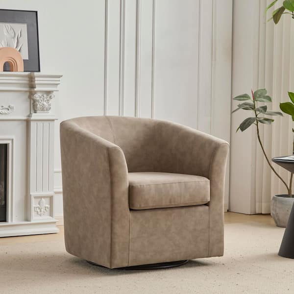 Nylah Apricot Faux Leather Upholstered Swivel Arm Chair, Barrel Accent Chair, Metal Base