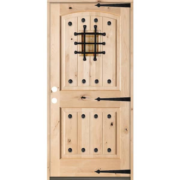 Krosswood Doors 30 in. x 80 in. Mediterranean Knotty Alder Arch Top Right-Hand Inswing Unfinished Wood Single Prehung Front Door