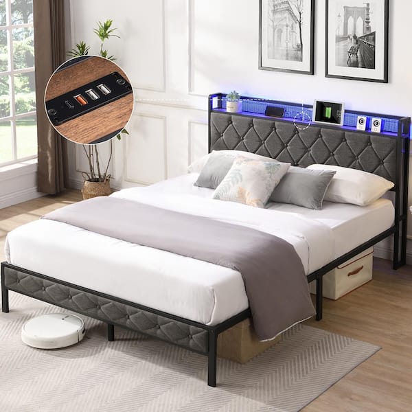 Nestfair Dark Gray Metal Frame Full Size Platform Bed with Storage Headboard, Charging Station and LED Lights