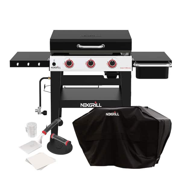 Nexgrill Daytona 3 Burner Propane Gas Grill 30 in. Flat Top Griddle in Black with Cover and Smash Burger Set Bundle 300 10102 The Home Depot