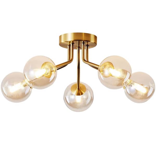 23.6 in. 5-Light Modern Gold Semi-Flush Mount Ceiling Light with Glass Shade for Dining Room Bedroom