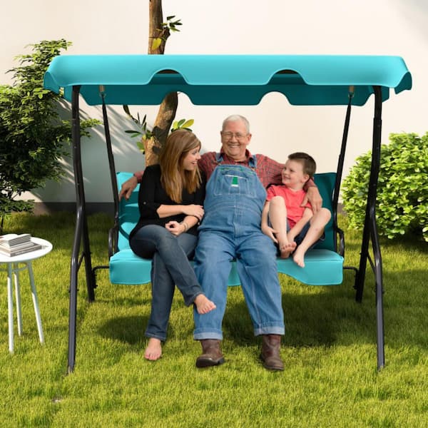 3-Person Steel Frame Outdoor Porch Swing with Removable Cushions in Blue