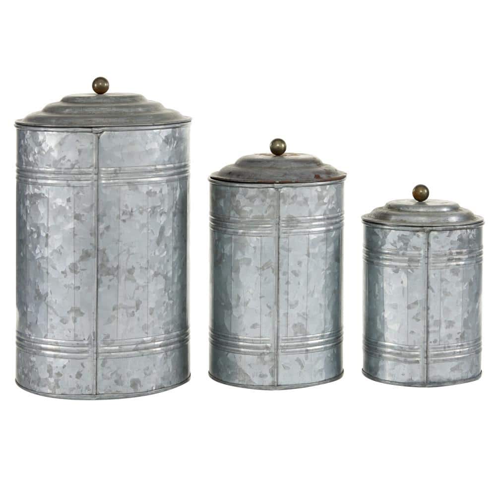 Gray Galvanized Metal Cylinder Canister Set with Lids