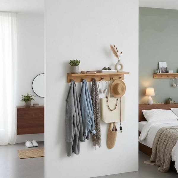 Oak/White Wall Coat Rack with Hidden Hooks TG-D6-03269 - The Home