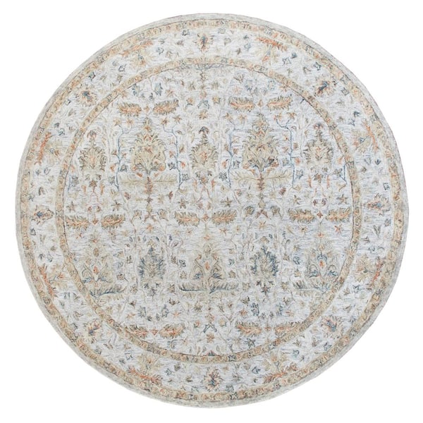 LR Home Glenis Silver/Taupe/Cream 8 ft. 6 in. Round Traditional Floral Bordered Wool Hand Tufted Area Rug