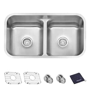 Low Divide 16-Gauge Stainless Steel 32 in. Double Bowl Undermount Kitchen Sink with Bottom Grid
