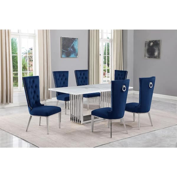 Best Quality Furniture Lisa 7-Piece Rectangular White Marble Top Chrome Base Dining Set with Navy Blue Velvet Chairs Seats 6
