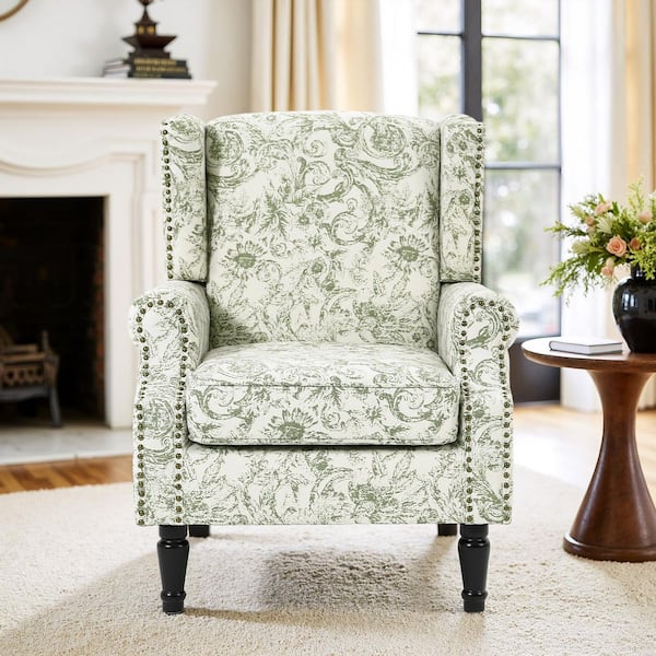 FEX-CHAIR WITH ARM GREEN／ACTUS Uixe Retro Rococo Green Linen Nailhead Trim Upholstered High Back