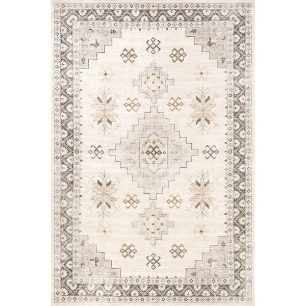 Clovebud Geometric Machine Washable Grey 6 ft. x 9 ft. Indoor/Outdoor Patio Area Rug