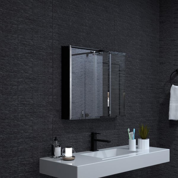 Staykiwi 30 in. W x 26 in. H Rectangular Matte Black Aluminum Medicine Cabinet with Mirror