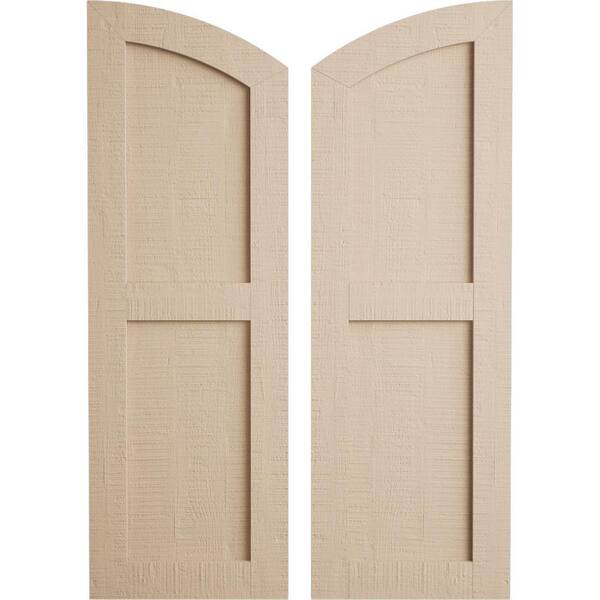 Ekena Millwork Faux Wood 12 in. x 84 in. Timberthane 2 Equal Flat Panel Elliptical Top Polyurethane Shutters Primed Tan in Rough Cedar
