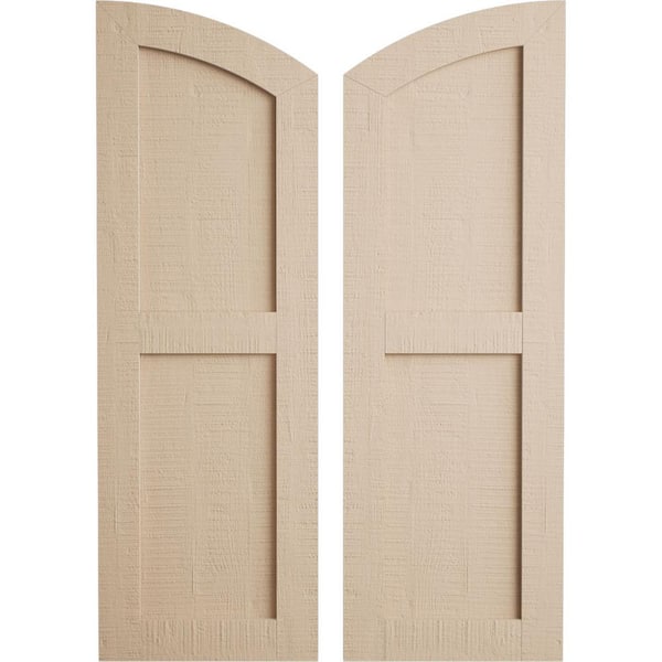 Ekena Millwork Faux Wood 18 in. x 60 in. Timberthane 2 Equal Flat Panel Elliptical Top Polyurethane Shutters Primed Tan in Rough Cedar