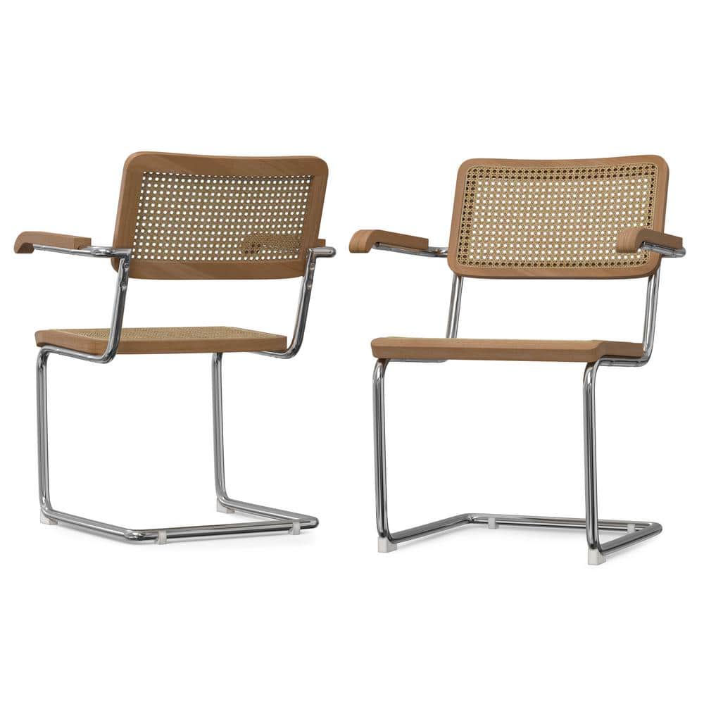 Natural Brown Rattan and Cane Arm Chair with Chrome Legs