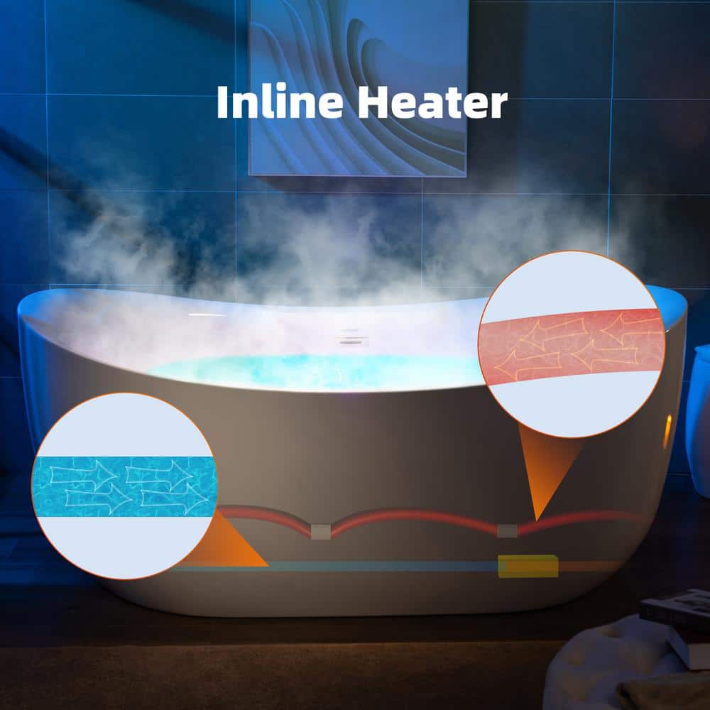72" White Acrylic Freestanding Heated Soaking Bathtub