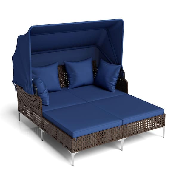1-Piece Plastic Rattan Outdoor Day Bed with Retractable Canopy and Navy Cushions