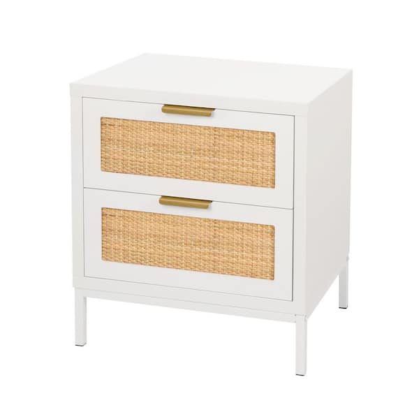 Aupodin Farmhouse Rattan 2-Drawers White Nightstand Sofa Side Table End Table 21 in. H x 19 in. W x 13.8 in. D for Small Space