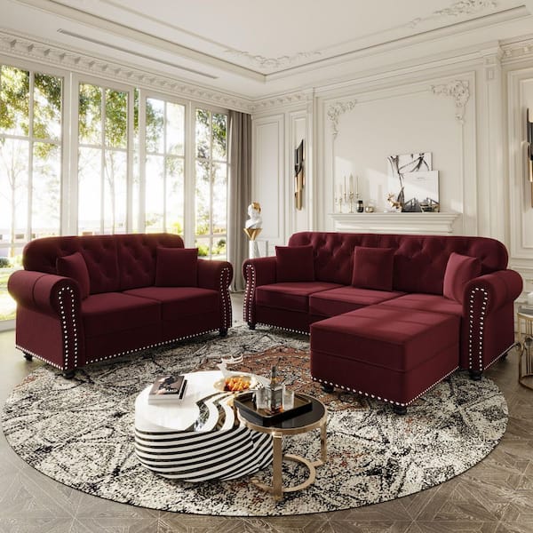 クラシック　バーガンディ　ベルベット　ソファ Polibi 82.6 in. Rolled Arm Velvet Rectangle Sofa in Burgundy with