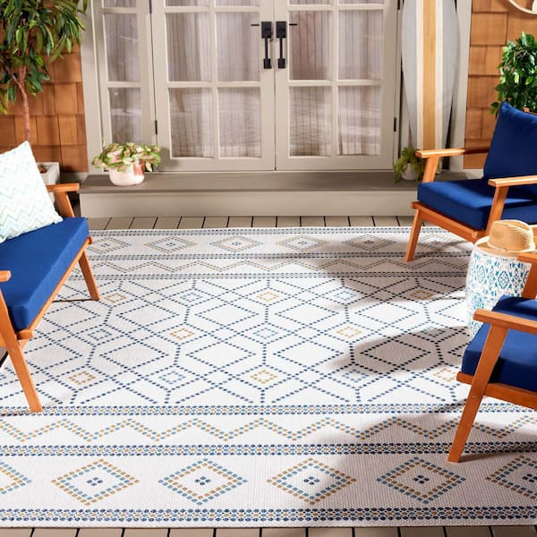 Courtyard Ivory/Navy Yellow 7 ft. x 7 ft. Geometric Modern Indoor/Outdoor Square Area Rug