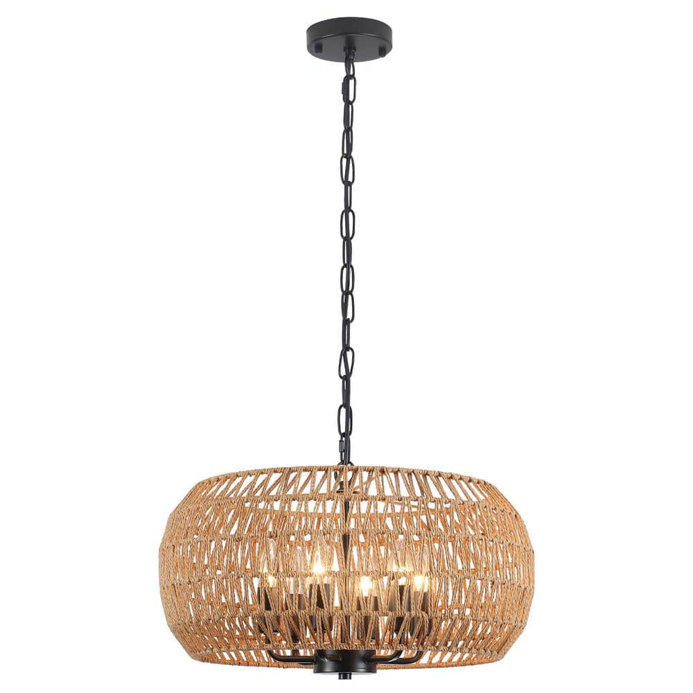 6-Light Black Round Drum Hemp Rope Rattan Boho Chandelier for Kitchen Island, Living Room with No Bulbs Included price history on PriceWatchPro
