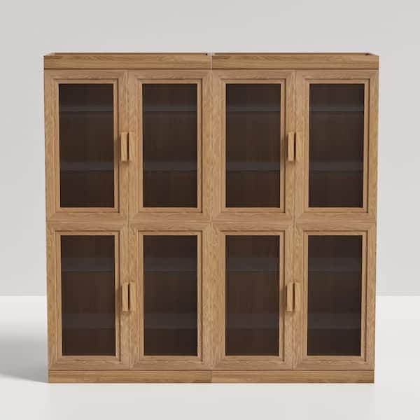 Natural Wood 62 in. W x 62 in. H Classic Kitchen Pantry Cabinet with Glass Doors and Adjustable Shelves
