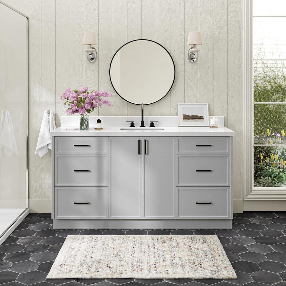 Kelly 67" Light Gray Wood Single Sink Vanity with White Quartz Top