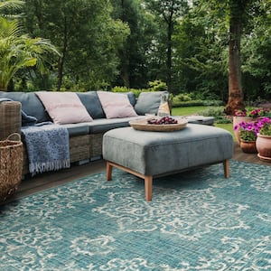 Courtyard Blue/Gray 8 ft. x 11 ft. Border Ornate Indoor/Outdoor Area Rug
