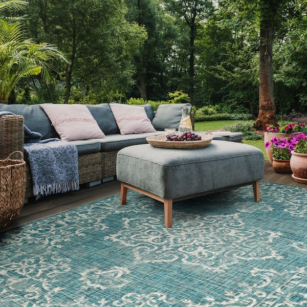 Courtyard Blue/Gray 8 ft. x 11 ft. Border Ornate Indoor/Outdoor Area Rug