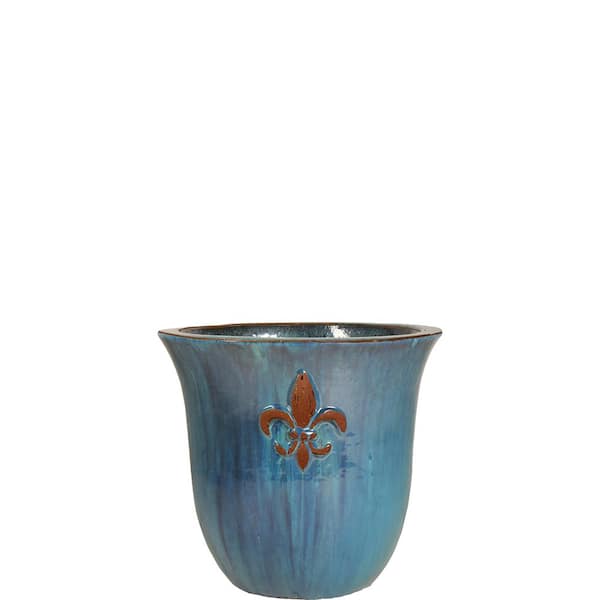Unbranded 10 in. Turquoise Ceramic Fleur De Lis Planter