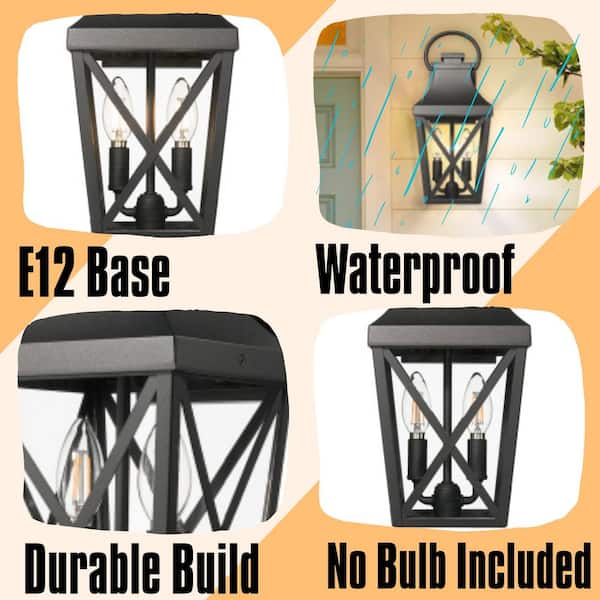 15.88 in. Outdoor Wall 2-Light, Matte Black Waterproof Porch Sconce with Clear Glass, with E12 Base(1-Pack, No Bulbs)