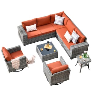 Crater Grey 9-Piece Wicker Wide-Plus Arm Patio Conversation Sofa Set with Swivel Rocking Chairs and Orange Red Cushions