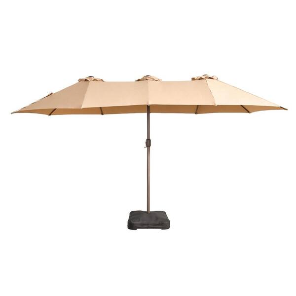 Alpine B 15 ft. Solar Colour LED Light Outdoor Double-Sided Market Patio Umbrella, UV Protection with Base in Beige